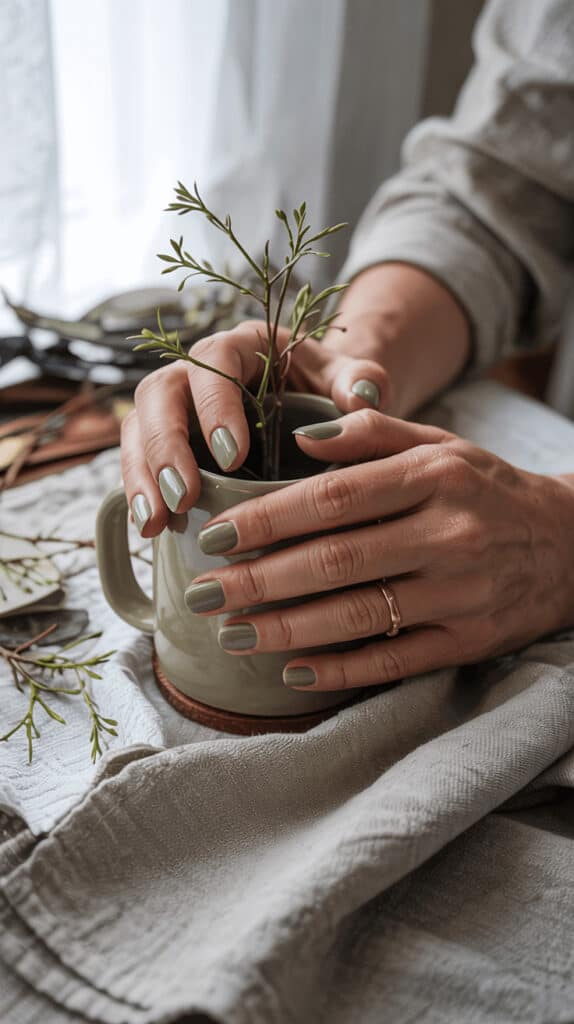 Hands with sage green manicure gently holding a small ceramic pot with greenery on a textured linen surface.