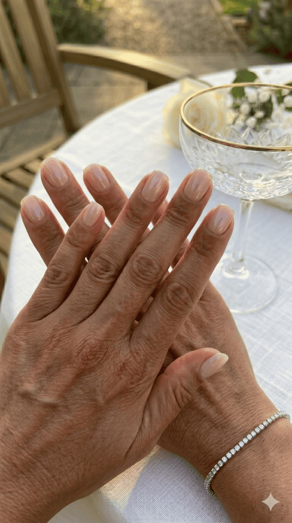 Light skin tone hands crossed on a white table featuring "barely there" buffed high-shine natural nails, diamond tennis bracelet, and crystal glass.