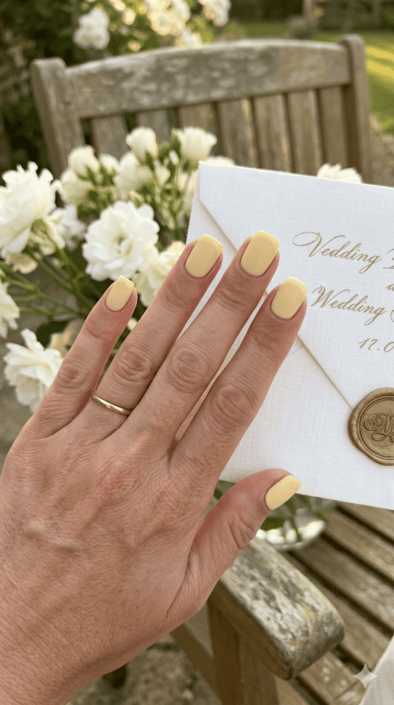 Mature hand with a light-medium skin tone holding a white linen wedding invitation with a gold wax seal, featuring soft butter yellow matte nails in a clean squoval shape.