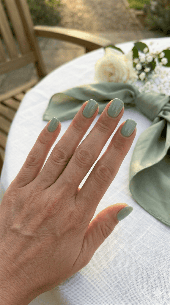 Muted sage green nails on medium skin tone, soft squoval shape, styled with a blurred silk scarf and white roses for a luxury wedding guest look.