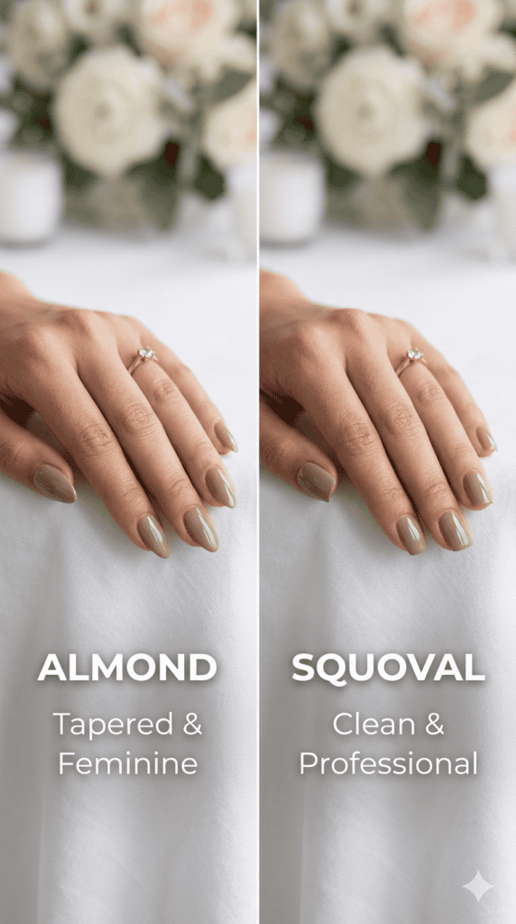 Vertical split-screen infographic comparing "Almond: Tapered & Feminine" vs "Squoval: Clean & Professional" nail shapes in a high-gloss neutral taupe shade on mature hands for a summer wedding guest.