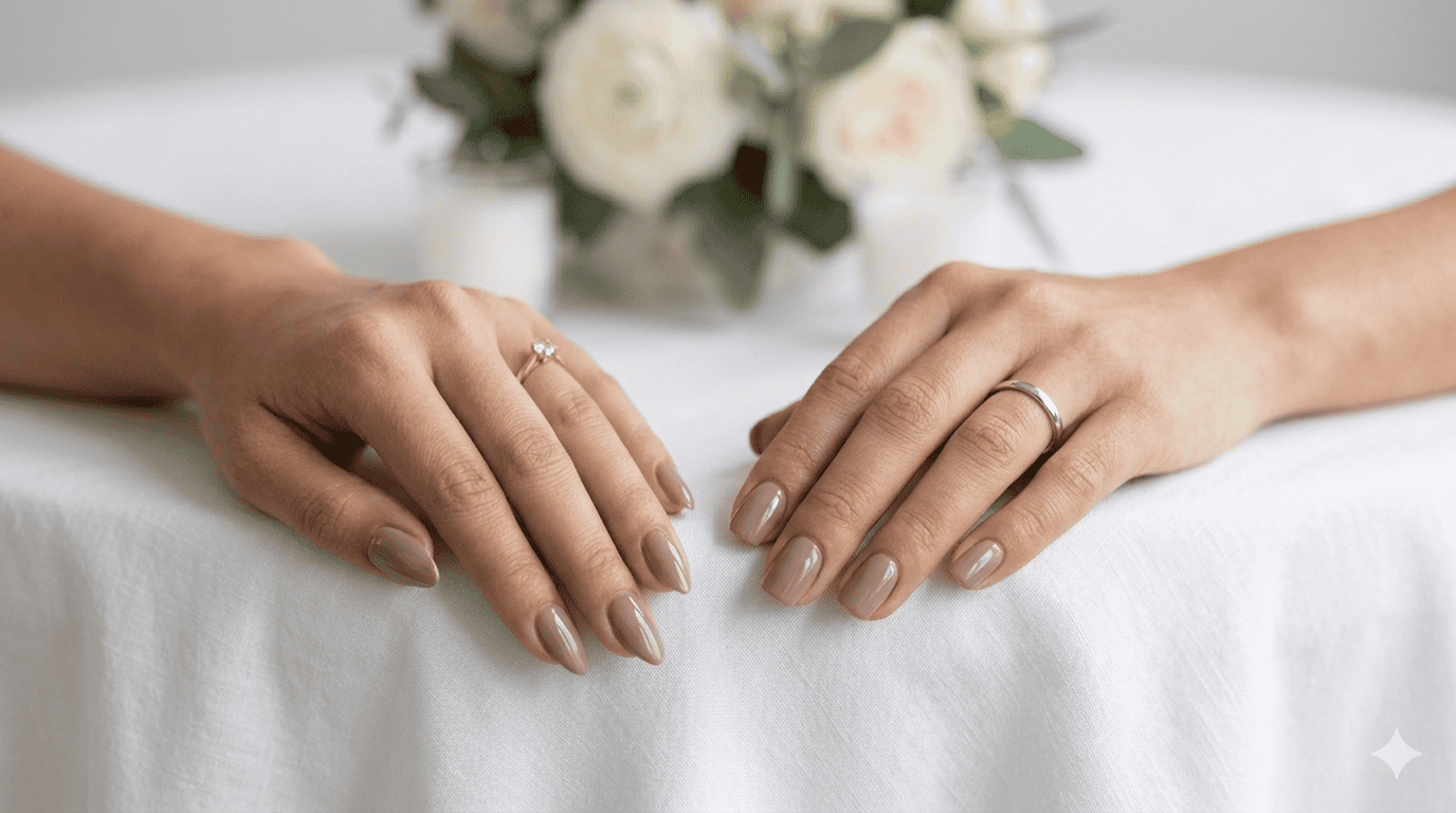 Summer wedding guest nails, high-gloss taupe wedding guest nails on mature hands, showcasing both almond and soft squoval shapes side-by-side on a white linen tablecloth with white roses and an elegant reception background.