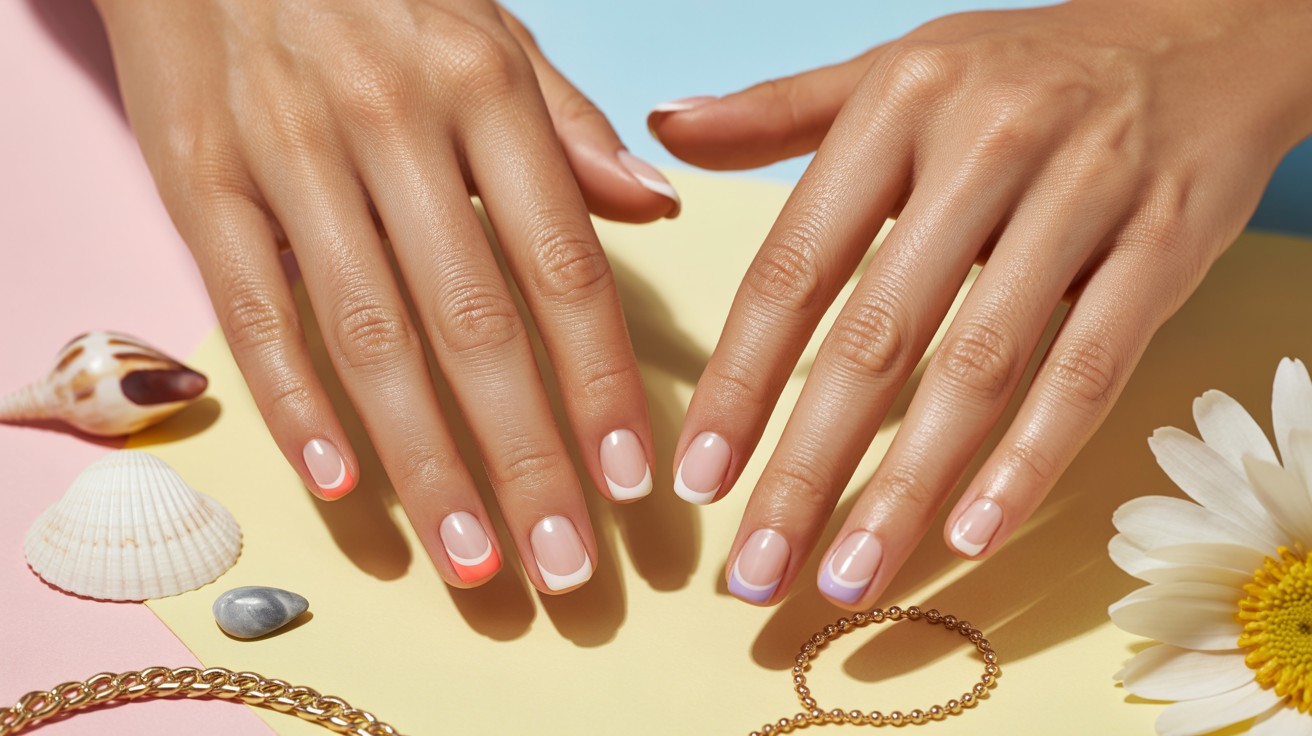 Two hands displaying micro French nail designs in classic white, coral, and lavender tips on a sunny summer flat lay with seashells, a daisy, and a gold chain bracelet