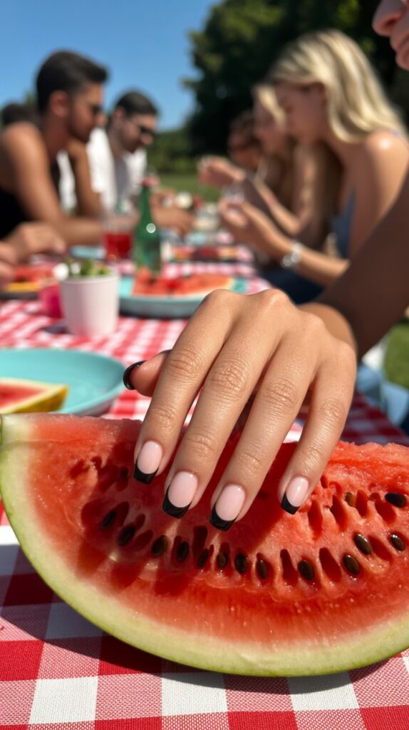 Hand reaching for a slice of watermelon at a summer picnic, square nails with bold black micro French tips on a sheer nude base, red gingham tablecloth and friends in background

