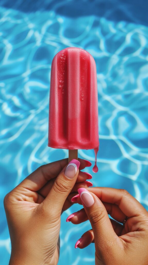 Two hands holding a melting red popsicle over a sparkling blue pool, almond nails with pink micro French tips, bright summer sunshine and rippling water background

