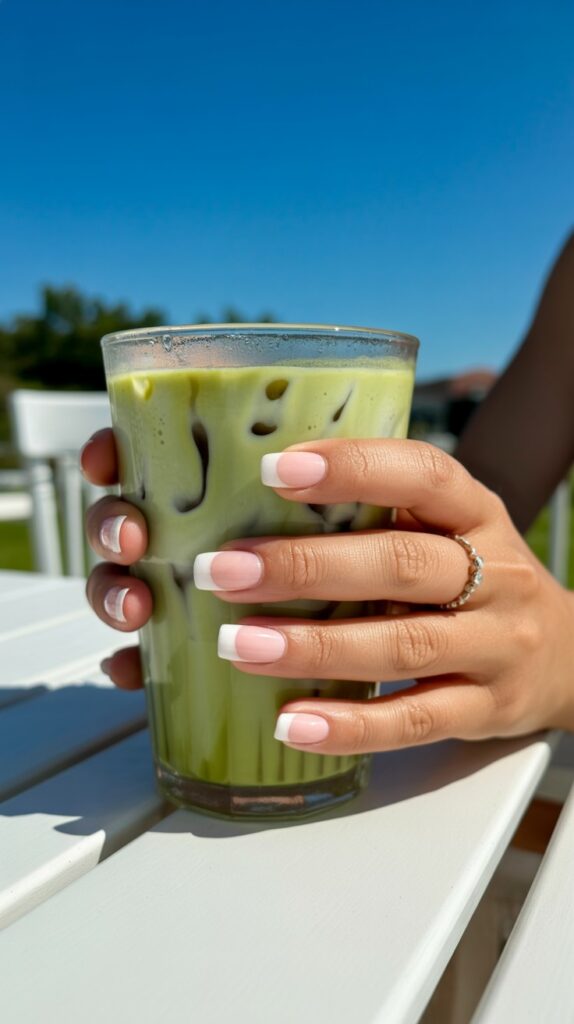 Hand holding an iced matcha latte outdoors in bright summer sun, square nails with clean white micro French tips and a delicate ring detail, blue sky in background

