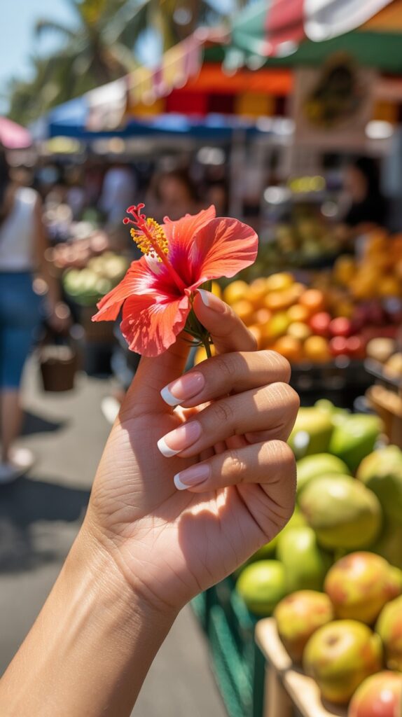 Hand holding a bright red hibiscus flower at a sunny outdoor market, short nails with classic white micro French tips, colorful summer scene in background

