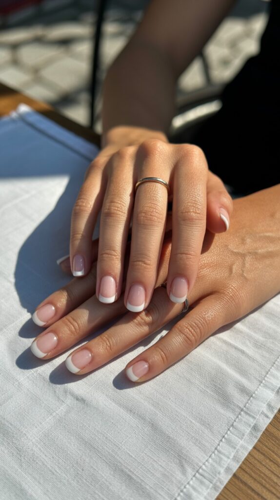 Two hands with classic white micro French nail tips resting on a white linen surface in bright summer sunlight, silver ring detail

