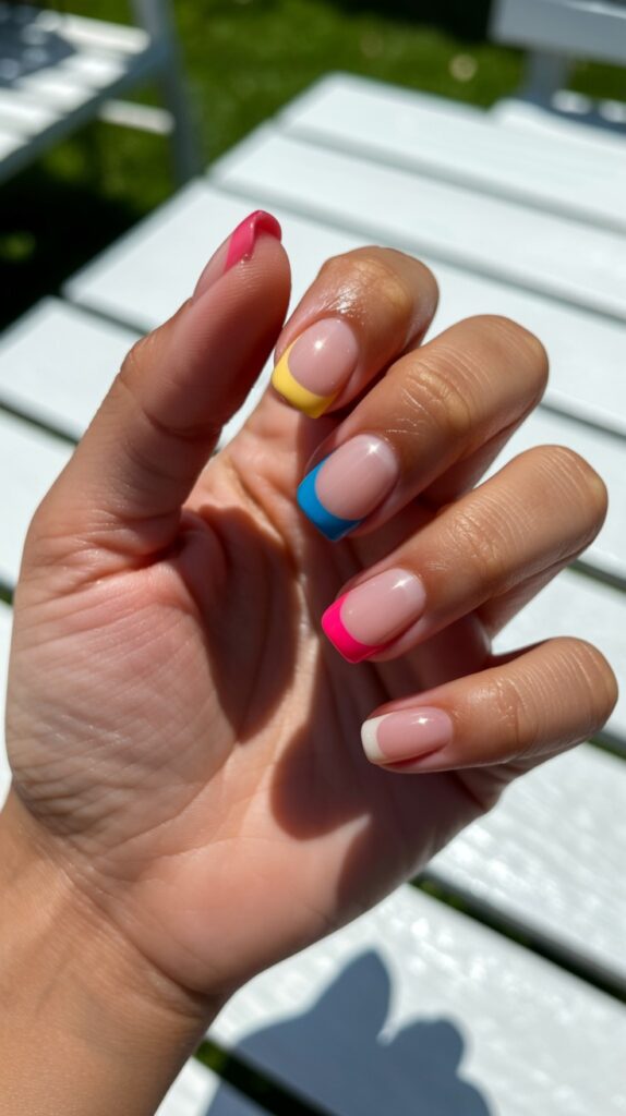 Hand showing off short square nails with multicolor micro French tips in pink, yellow, blue, and white against a bright summer outdoor background, bold and playful rainbow nail design

