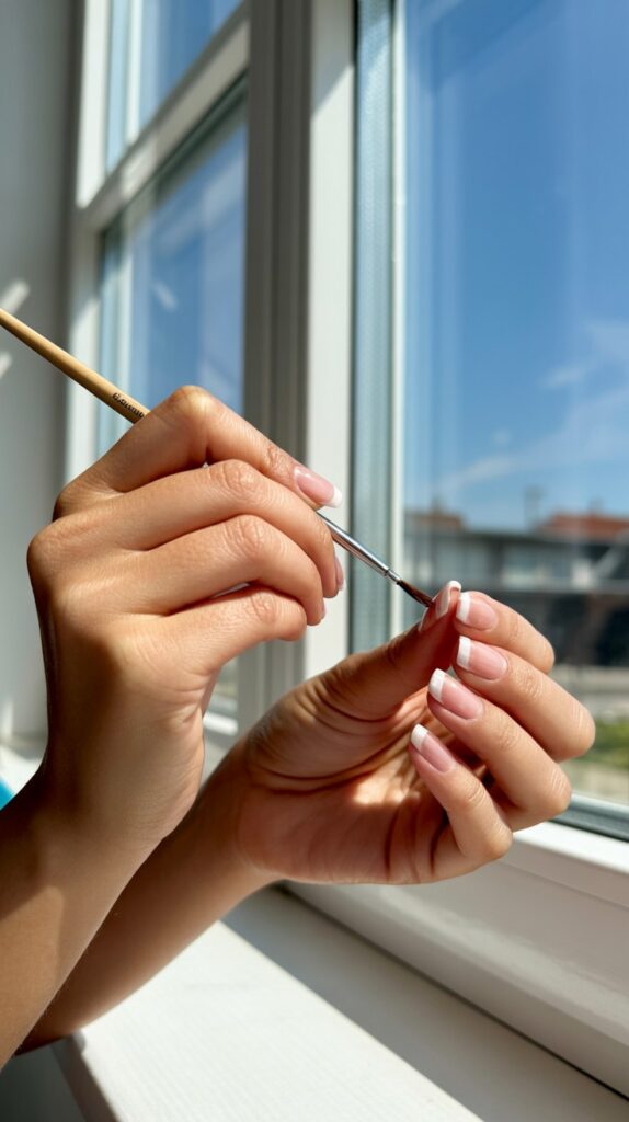Close-up of hands using a thin nail art brush to apply a white micro French tip at a bright sunlit window, blue sky visible outside, clean and precise DIY nail technique

