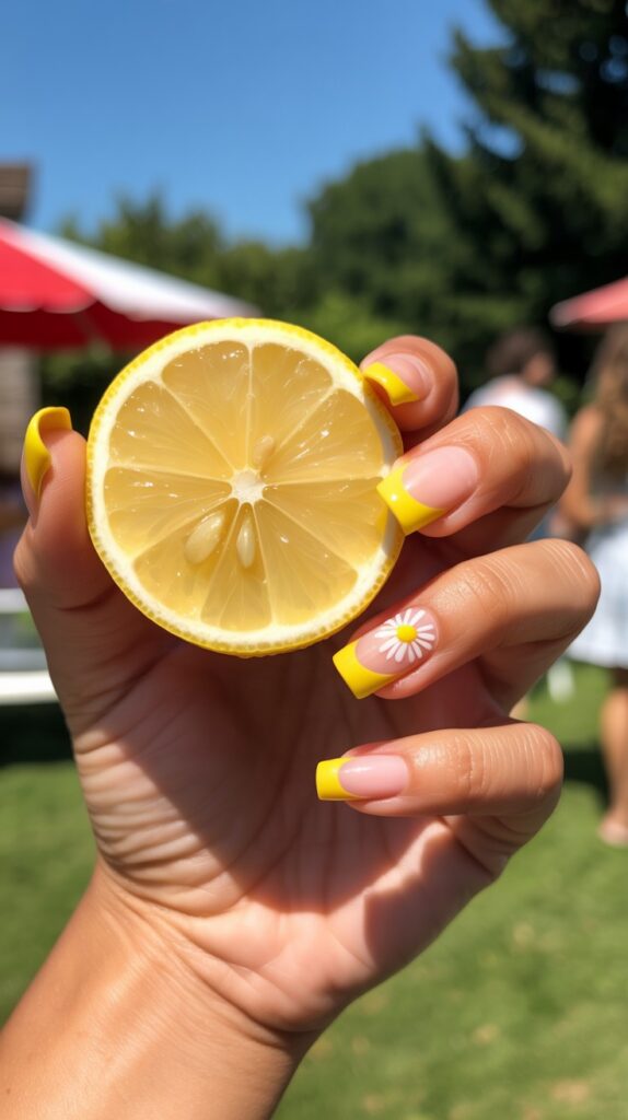 Hand holding a fresh lemon half at a sunny outdoor event, square nails with bright yellow micro French tips and a white daisy accent nail, vivid summer daylight

