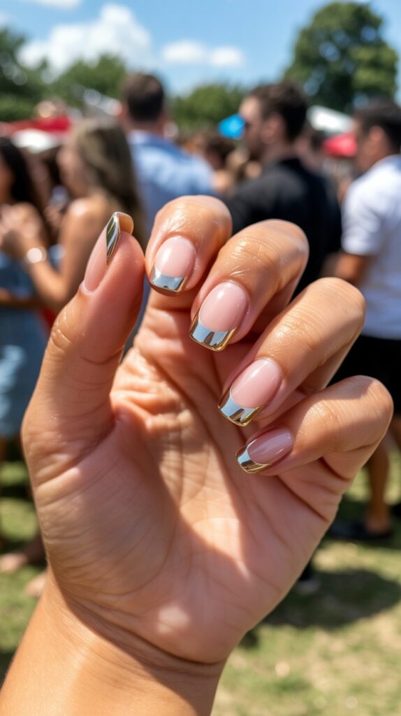 Hand raised at a sunny outdoor summer event, square nails with mirror chrome micro French tips catching bright daylight, blurred crowd and green trees in background

