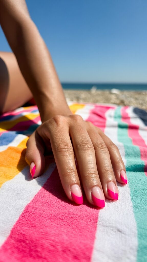 Hand resting on a colorful striped beach towel in bright summer sun, short nails with bold hot pink micro French tips, sandy beach and blue sky in the background

