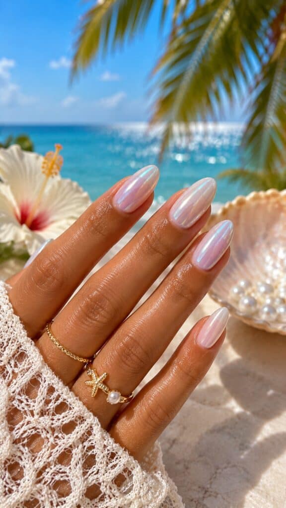 Milky white pearl glazed nails with iridescent shimmer at a tropical beach with seashells
