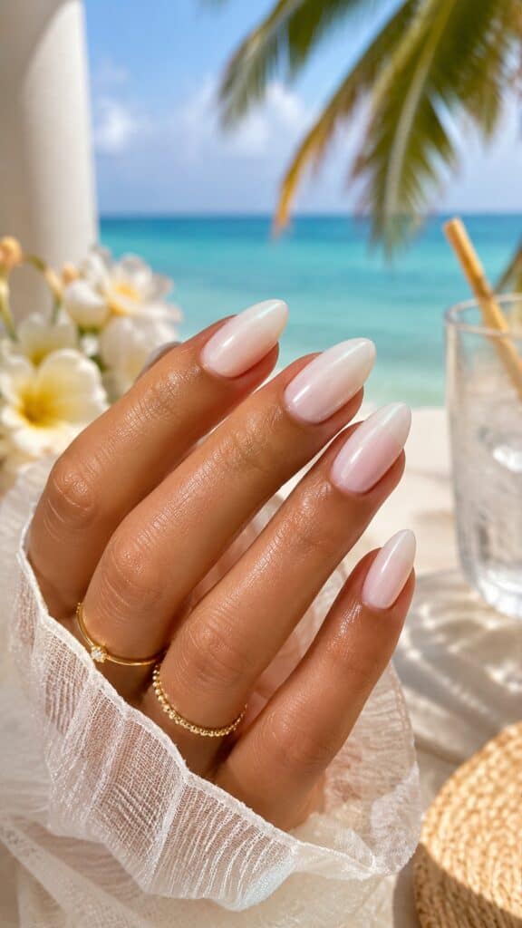 Soft milky pink glazed ombre nails with a sheer glowing finish at a tropical beach