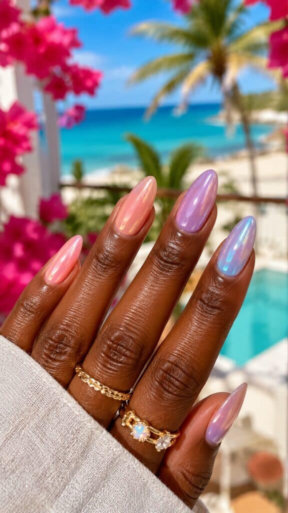 Pink to lavender chrome glazed nails with iridescent shimmer on deep skin tone, tropical setting