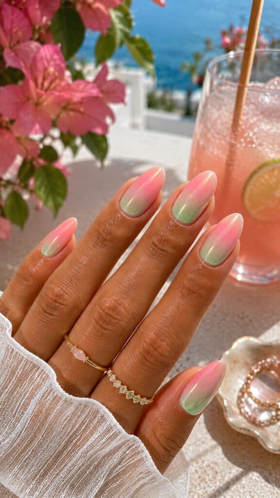 Pink and mint green glazed ombre nails with iridescent shimmer in a summer lifestyle setting