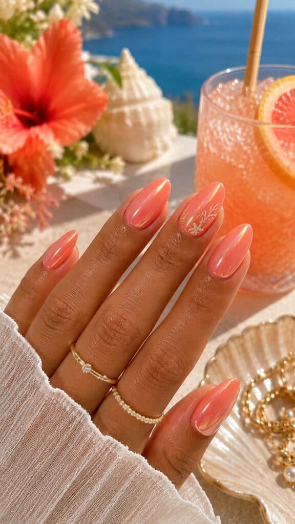 Coral glazed nails with a starfish accent nail and iridescent finish in a beach-inspired setting