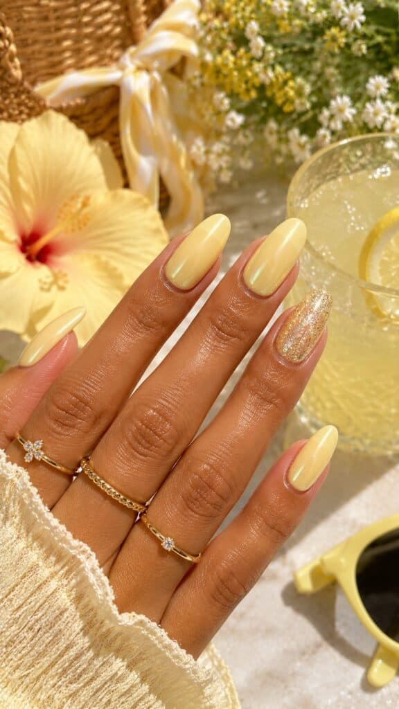 Butter yellow glazed nails with a glitter accent nail in a sunny summer lifestyle setting