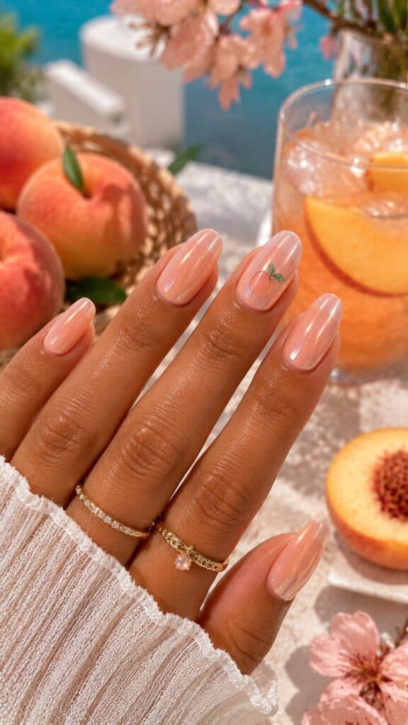 Peach glazed nails with a delicate peach fruit accent nail and soft iridescent finish