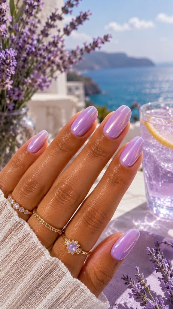 Lavender glazed nails with iridescent shimmer and pearl finish against a Mediterranean backdrop