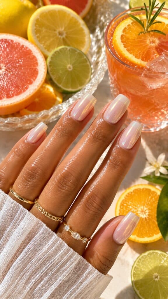 Square milky glazed nails with iridescent finish surrounded by fresh citrus fruit
