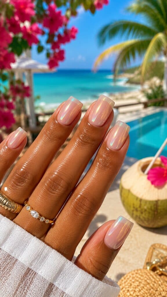 Square nude glazed nails with subtle rainbow shimmer in a tropical beach setting