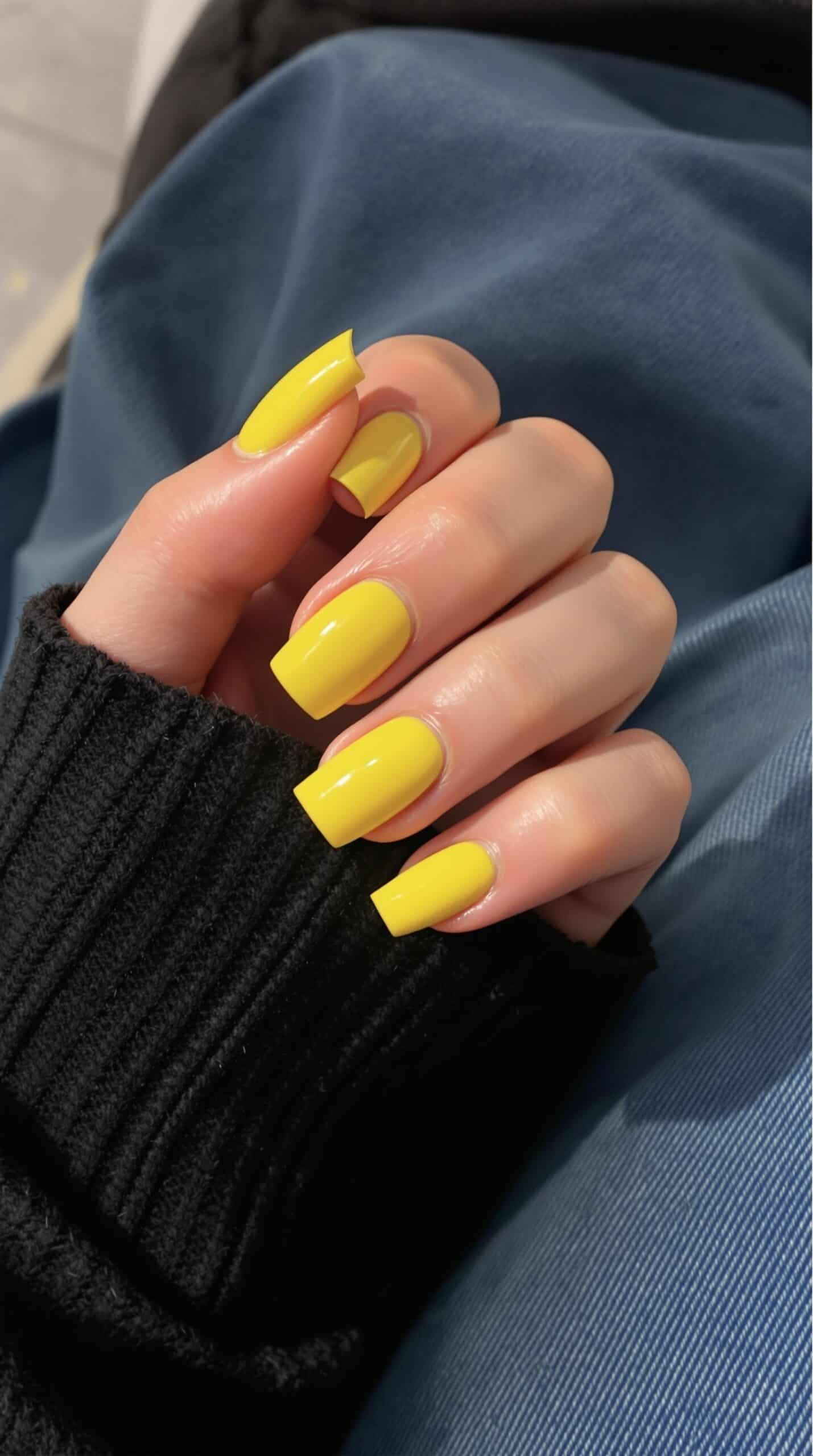 Bright yellow nail polish on well-manicured nails, perfect for summer 2026 trends.