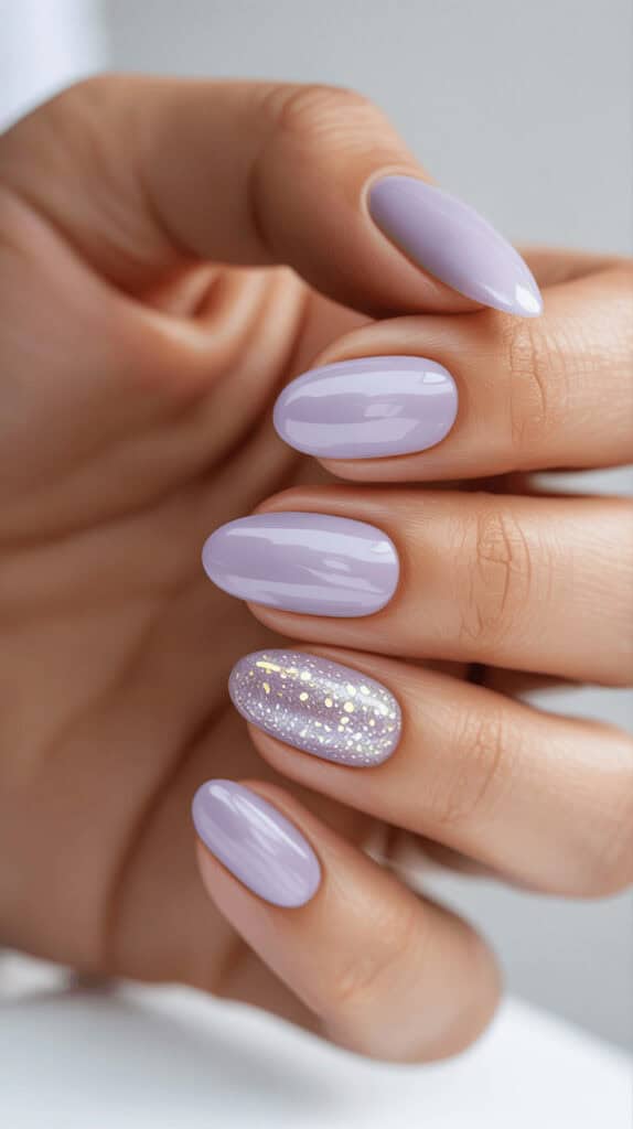 Delicate soft lavender nails, dreamy sheer finish, pastel summer aesthetic, soft sunlight