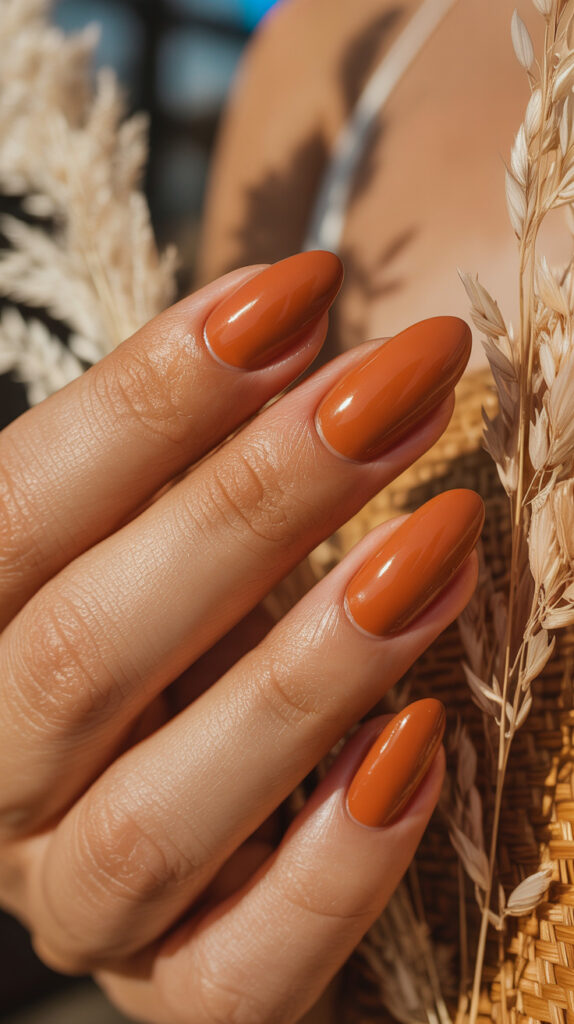 Stylish warm terracotta nails, oval shape with natural background.