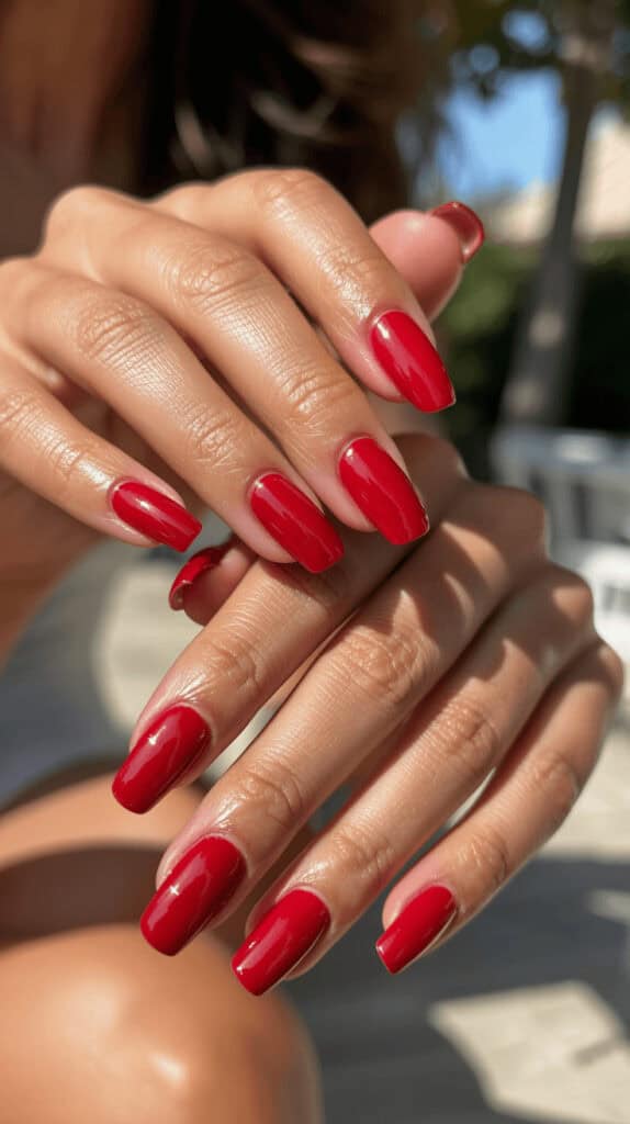 Bold cherry red nails with glossy classic finish, elegant hands, outdoor summer scene