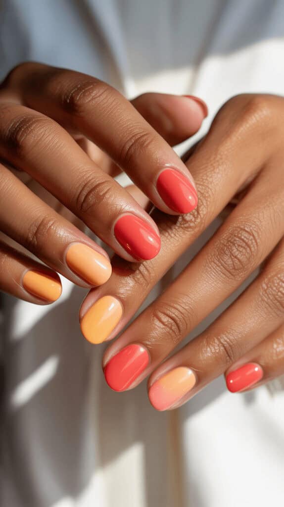 Soft coral-peach nails on warm skin with glossy finish, bright natural summer light