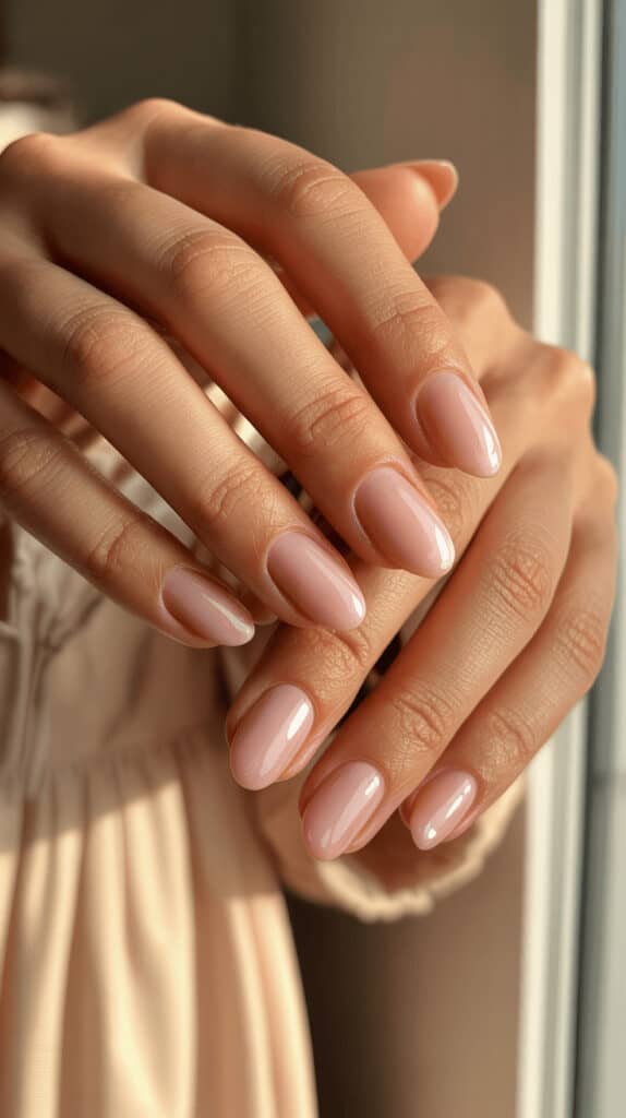 Sheer pink nails with glossy finish in warm afternoon light, soft and feminine