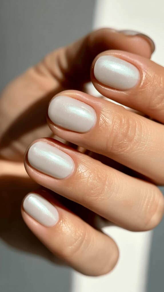 Close-up of short nails painted in soft milky white polish, glossy finish, natural light