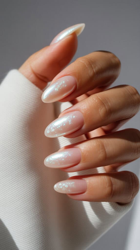 Glazed pearl shimmer nails catching light, subtle iridescent finish, elegant and expensive-looking