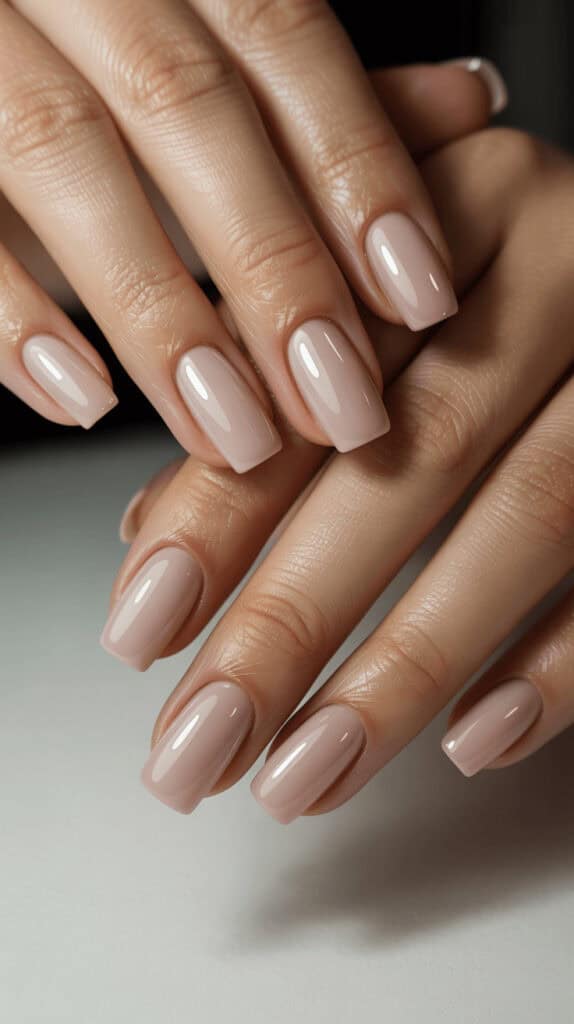 Elegant nude mauve manicure with glossy finish, flattering on mature hands